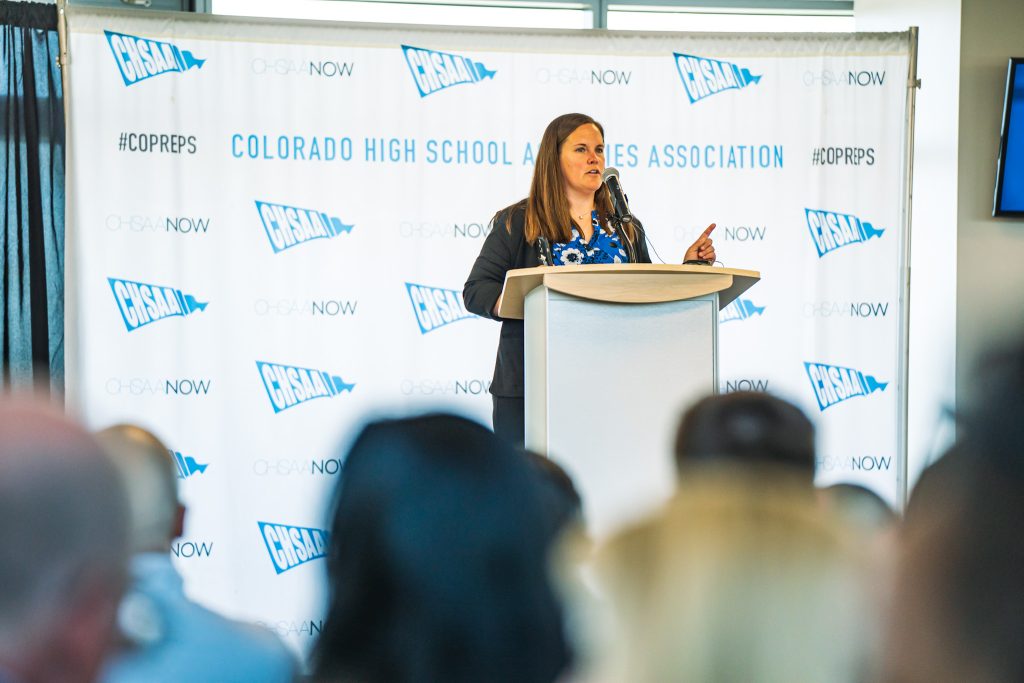 CHSAA Director of Communications Amanda McClure at the press conference in Canvas Stadium, where the 3A/4A/5A State Football Championships will be held beginning in 2023-24