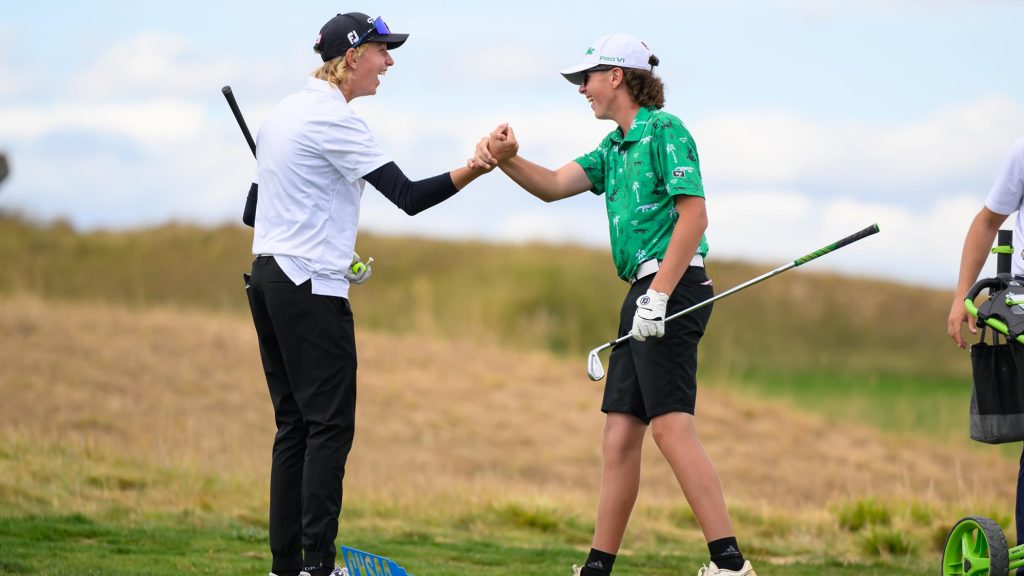 Connor Mellot of Monte Vista celebrates after a hole-in-one at the 3A Boys Golf State Championship at RainDance National