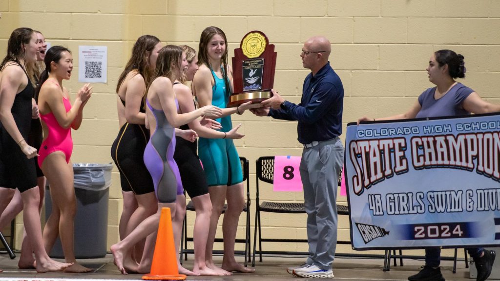 Swimming and Diving trophy and state championship banner