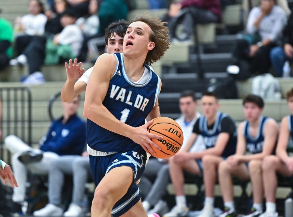 Cole Scherer of Valor Christian drives during a 2023-24 game.