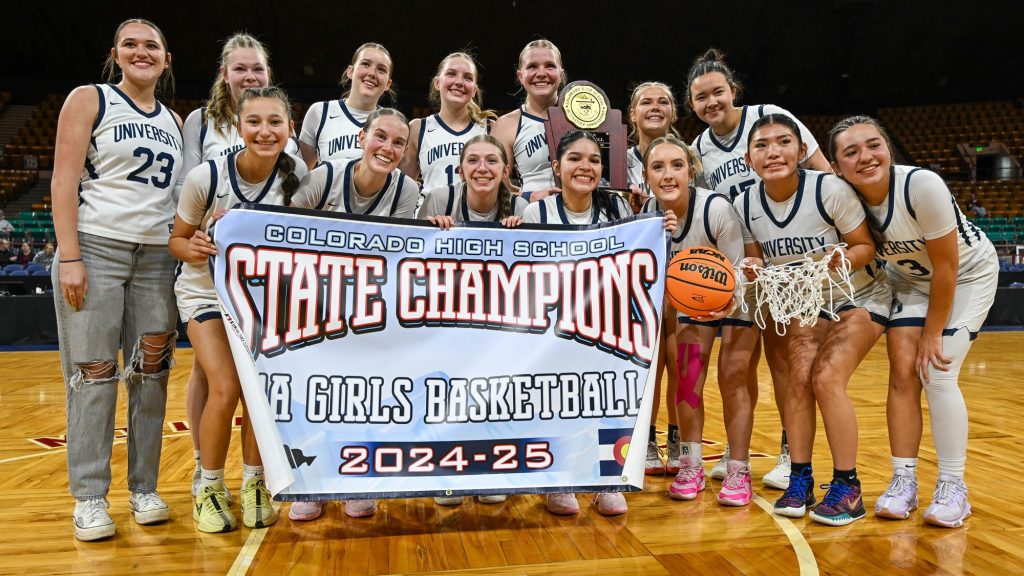 University team photo after winning the 2025 girls basketball state championship