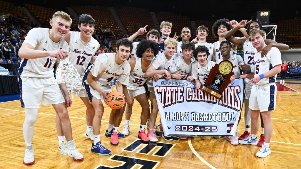 Kent Denver team photo after winning the 2025 boys basketball state championship.