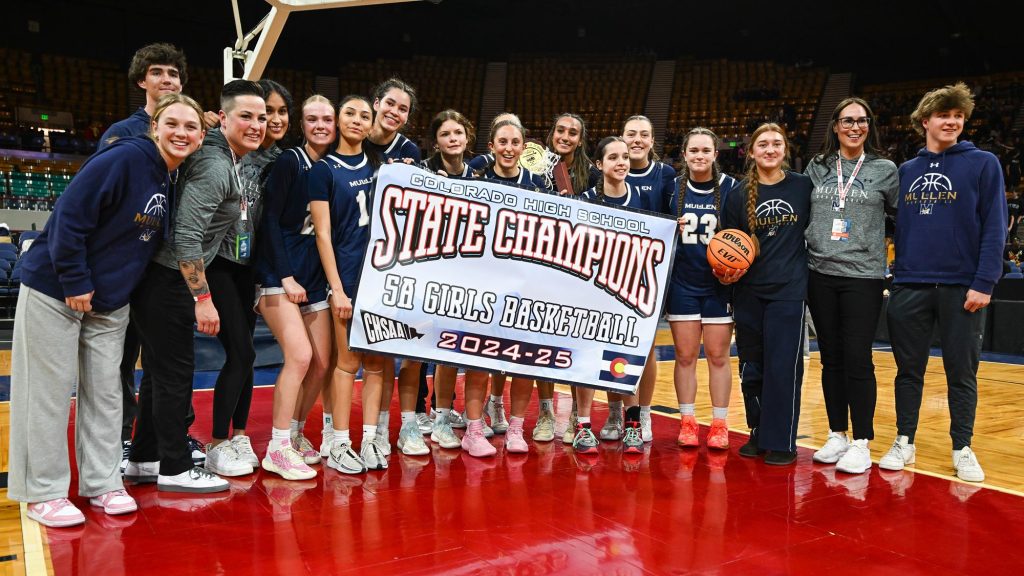 Mullen team photo after winning the 2025 Class 5A girls basketball state championship.