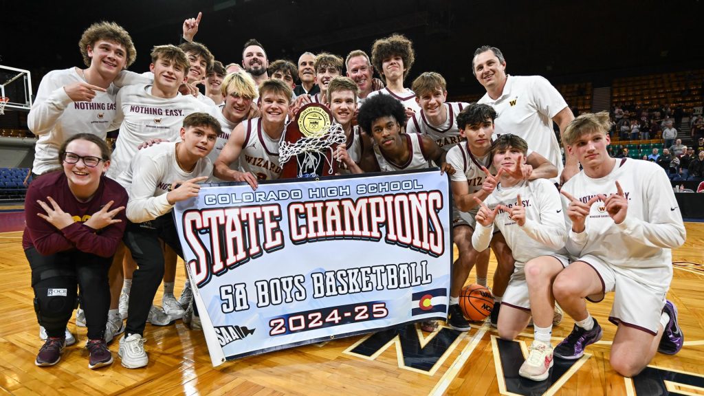 Windsor team photo after winning the 2025 5A boys basketball state championship.