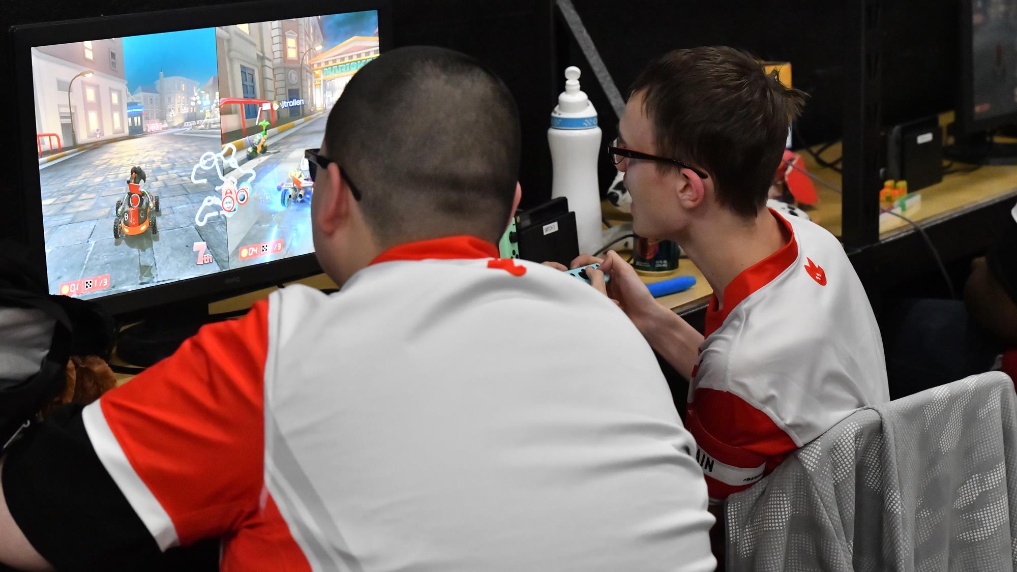 (David Hamilton, left, at the 2024 Unified Mario Kart competition.)