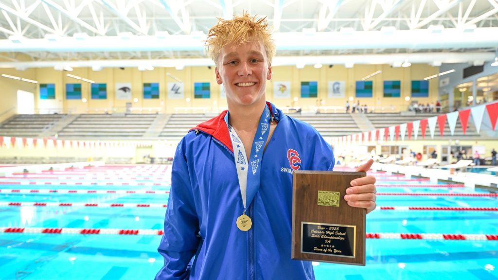 Luke Olgren of Cherry Creek after winning the 5A state diving championship.