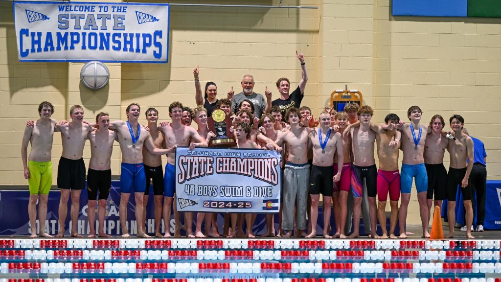 Monarch team photo after winning the 4A boys swimming state championship