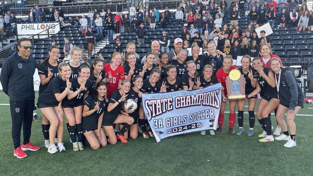 Colorado Academy team photo after winning the 3A girls soccer state championship