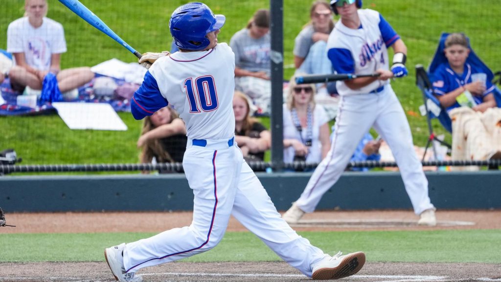 Anderson Filla of Akron swings the bat during the 2025 1A state championship baseball game
