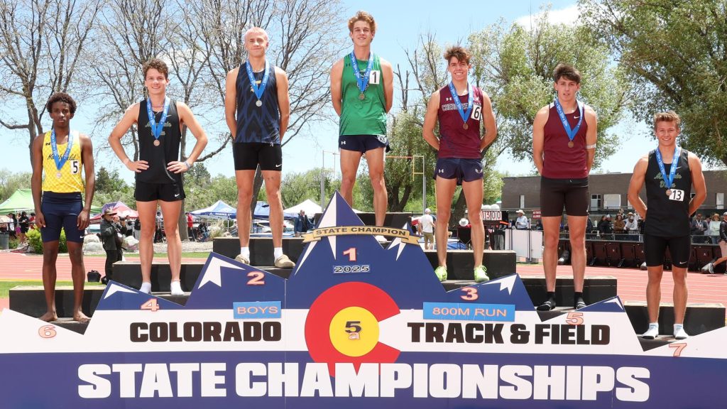 Ben Lee of ThunderRidge atop the podium at the 2025 state track & field championships