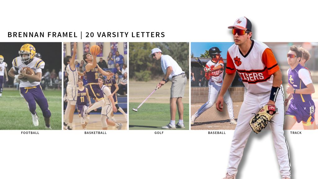 Graphic with photos of Brennan Framel playing football, basketball, golf and track & field