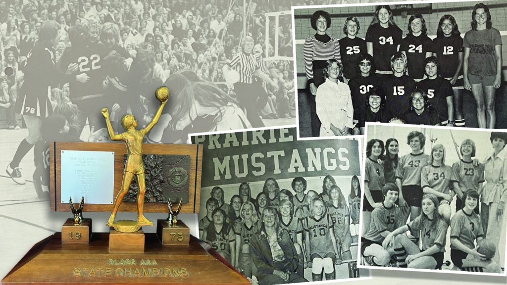 50 Years of Volleyball Graphic showing state championship teams from Valley, Mitchell and Prairie as well as Valley celebrating and Mitchell's trophy