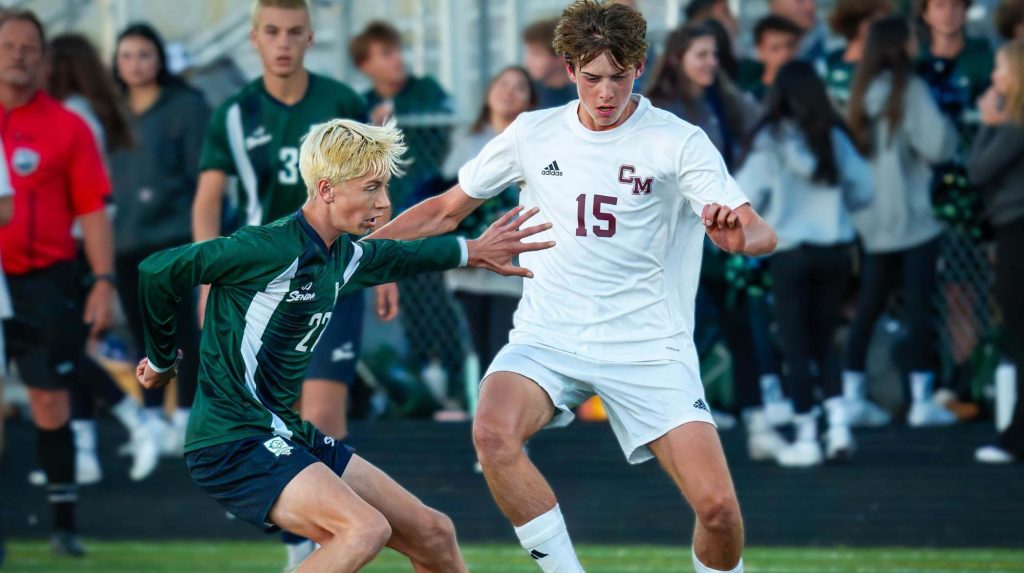 Noah Mayles of Cheyenne Mountain playing soccer in a 2024 game