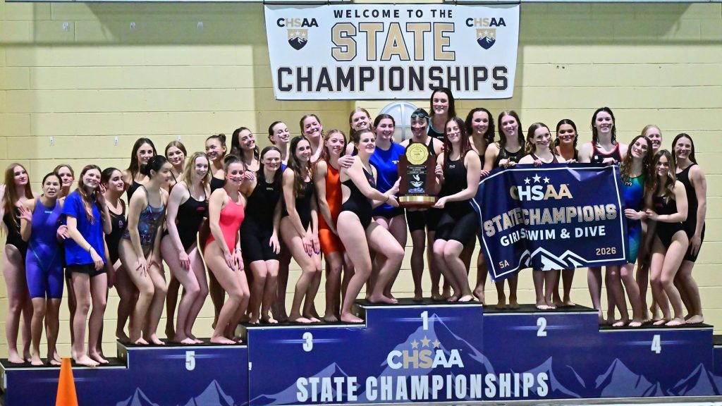 Cherry Creek team photo after winning the 2026 state championship in 5A girls swimming